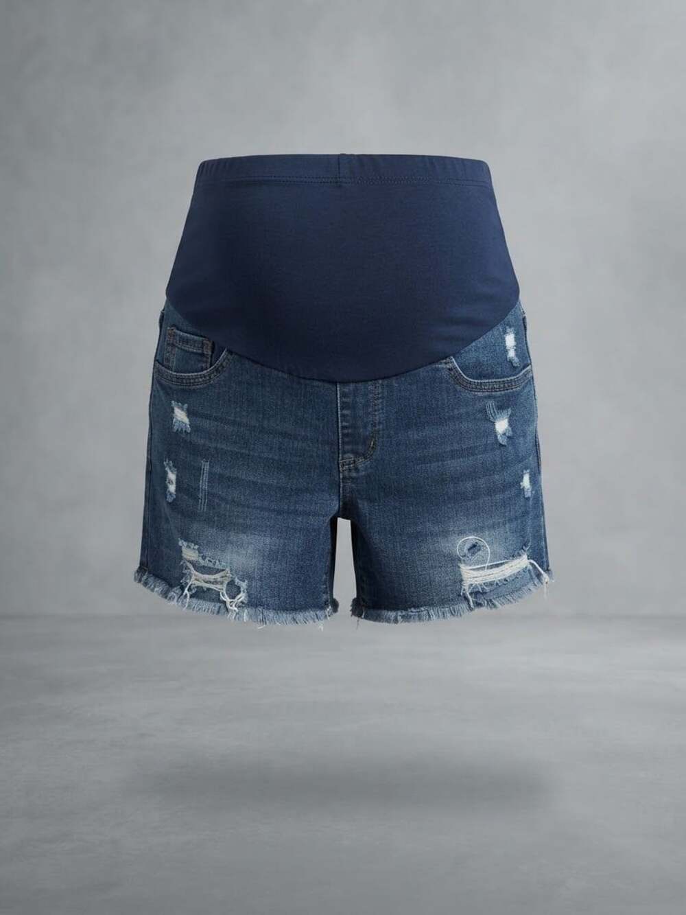 SHEIN Women's Maternity Ripped Raw Hem Denim Shorts Over Belly Size M US 8